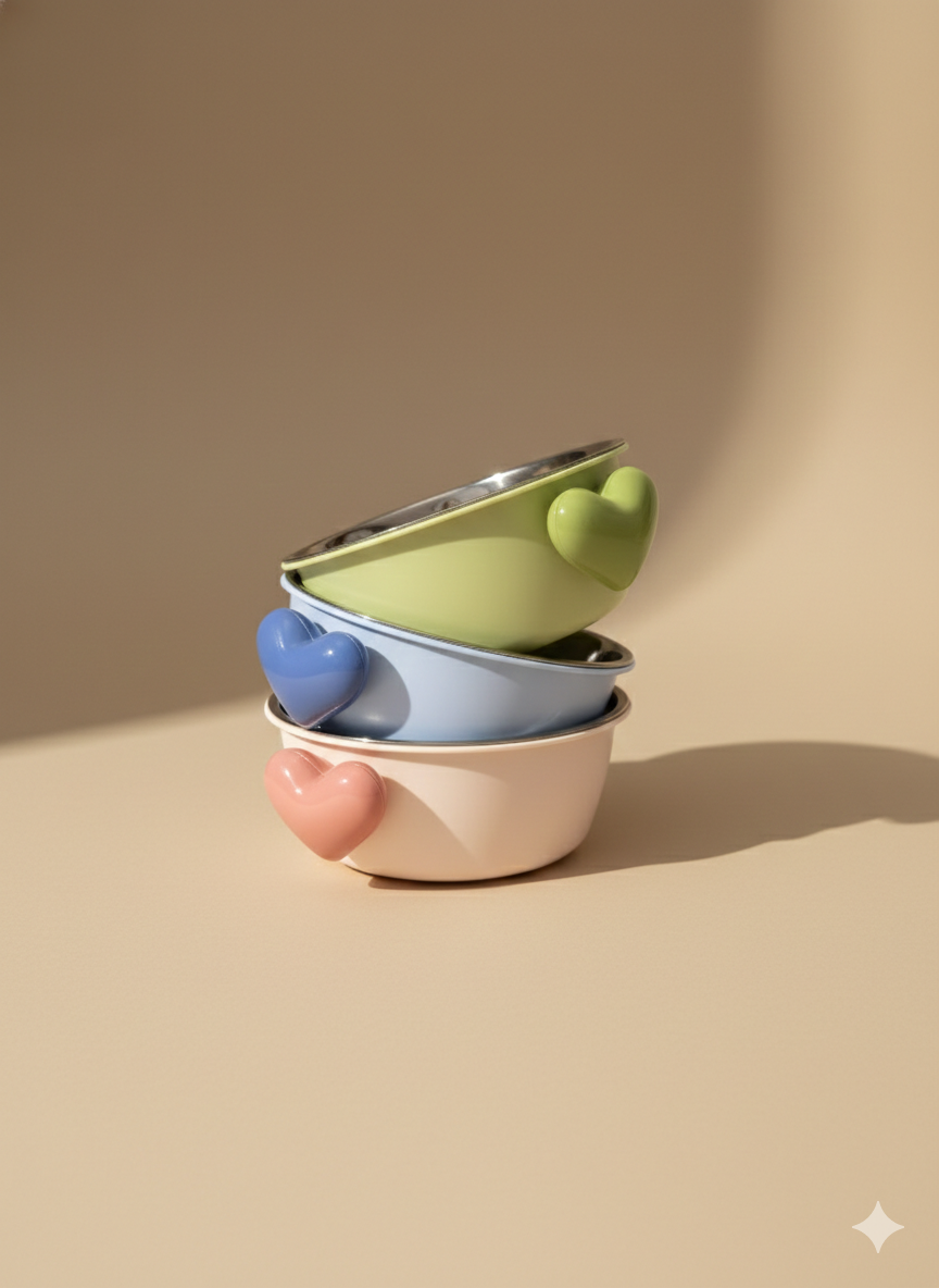 Plato con Bowl de Acero Inoxidable – Diseño Corazón Verde
