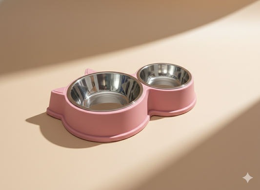 Plato Doble con Bowls de Acero Inoxidable – Diseño Gatito (Rosado)