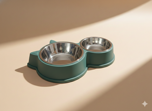 Plato Doble con Bowls de Acero Inoxidable – Diseño Gatito (Verde)