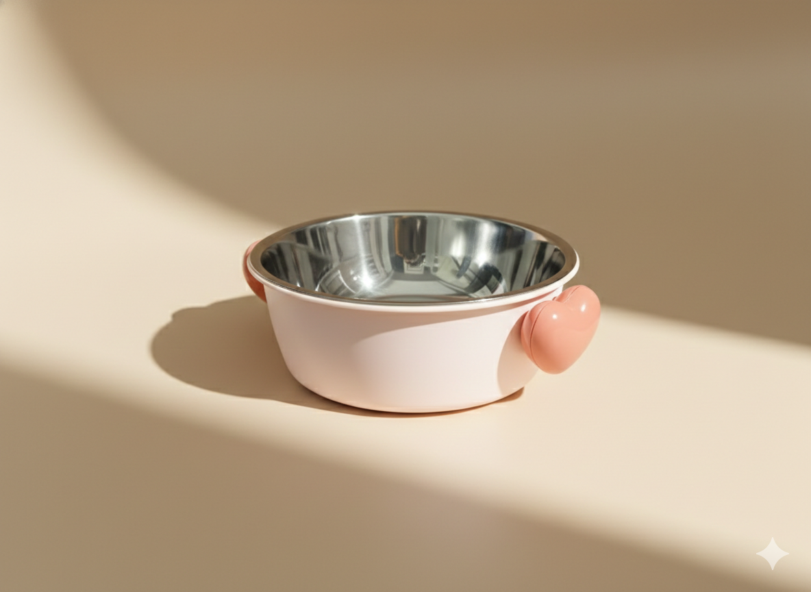 Plato con Bowl de Acero Inoxidable – Diseño Corazón Rosado