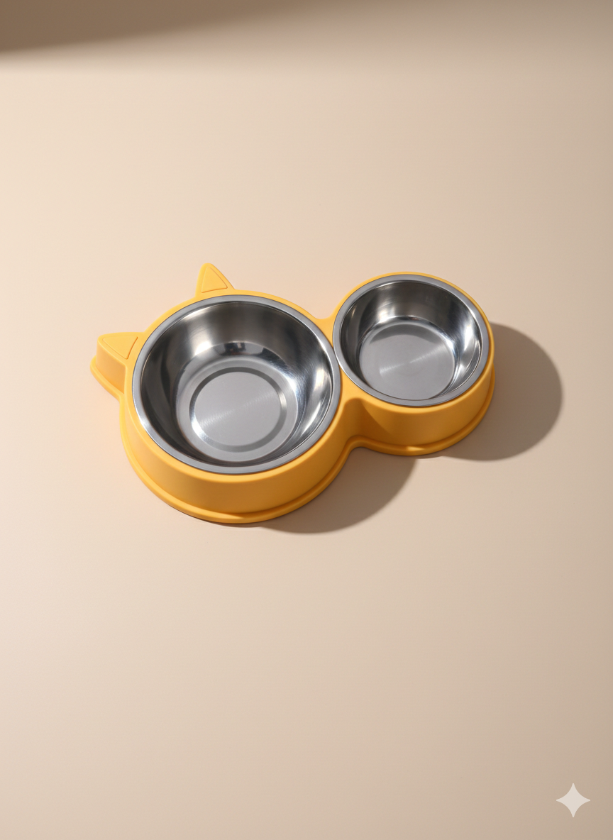 Plato Doble con Bowls de Acero Inoxidable – Diseño Gatito (Amarillo)
